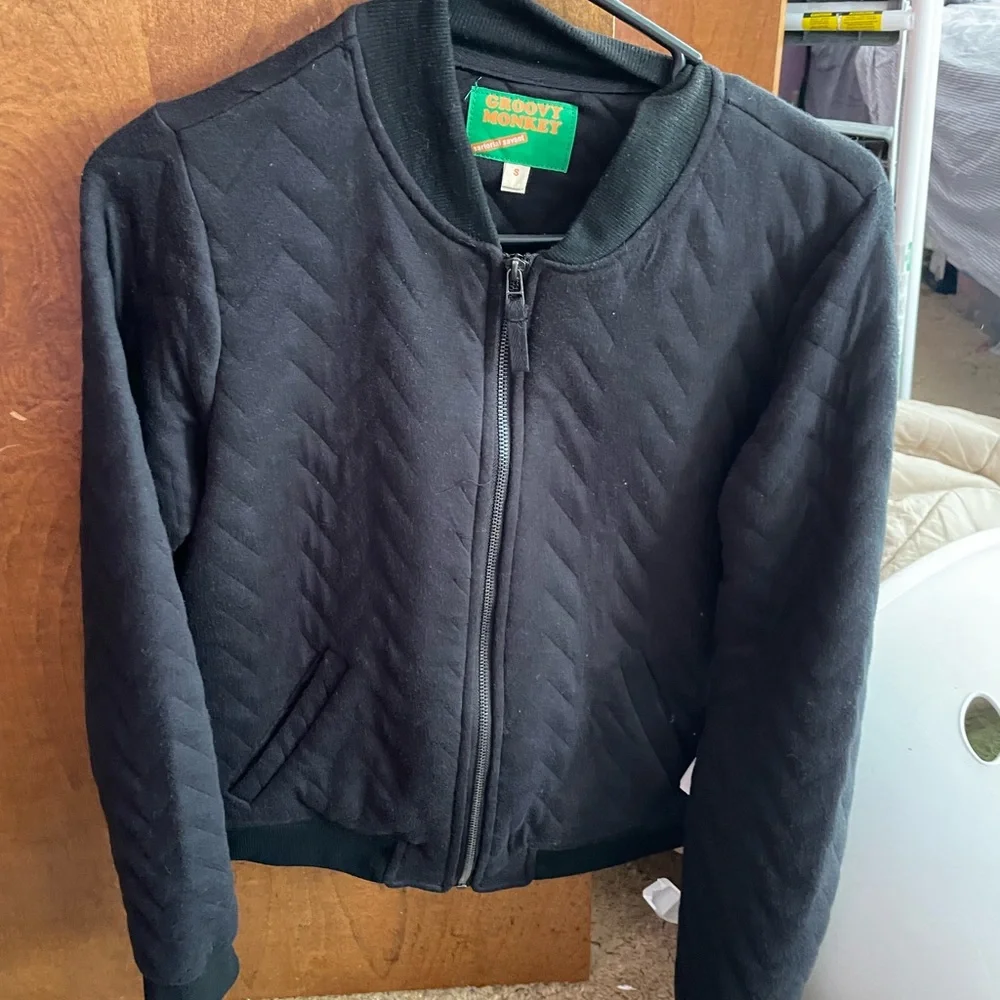 Groovy monkey sartorial savant black zig zag‎ zip bomber jacket small